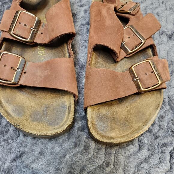 Birkenstock Sandals Womens Size 6? 37 Brown Leather Ankle Strap Cork Footbed - Picture 6 of 10